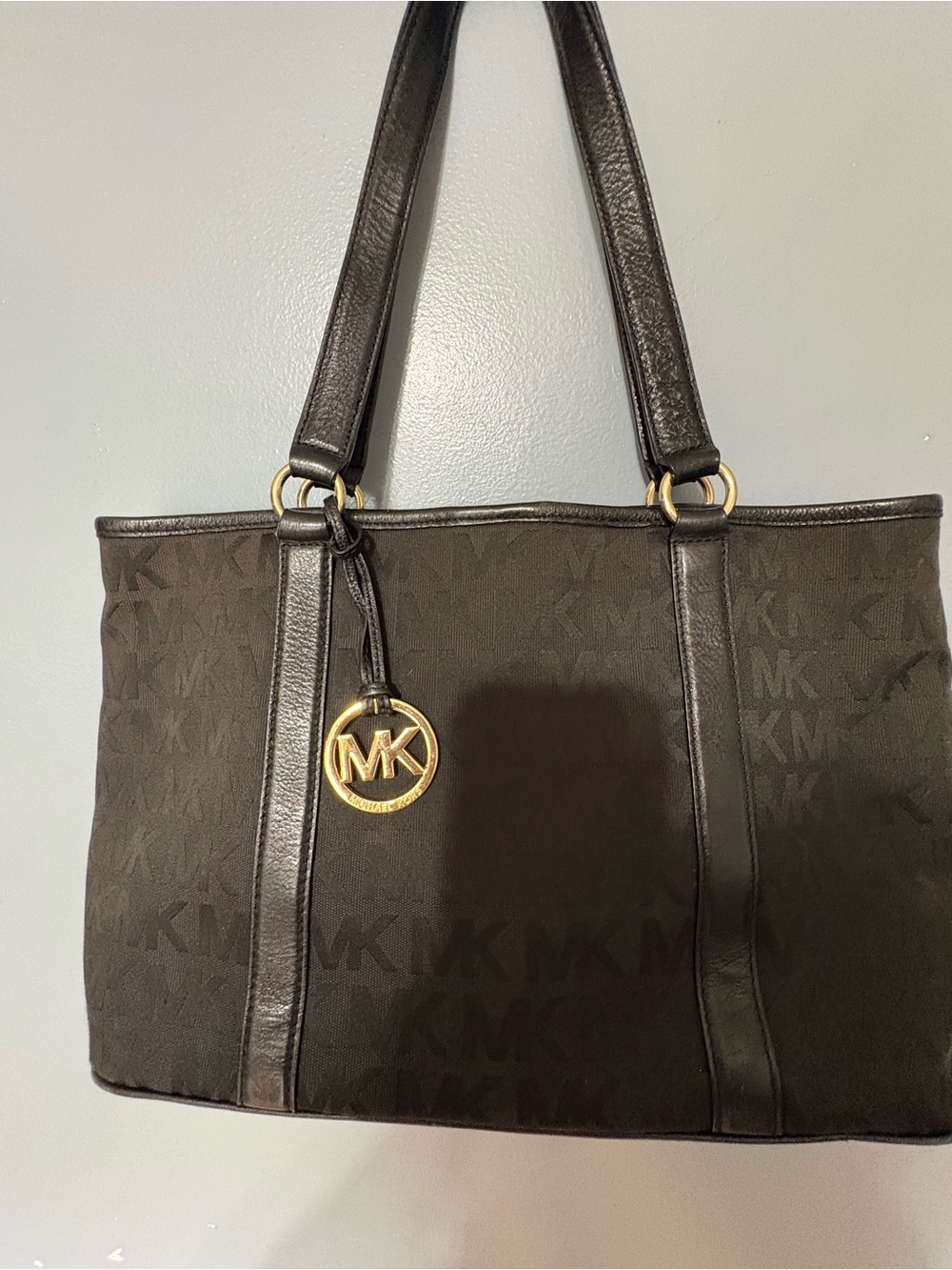 Michael Kors Black Logo Jacquard Tote with Gold MK Charm